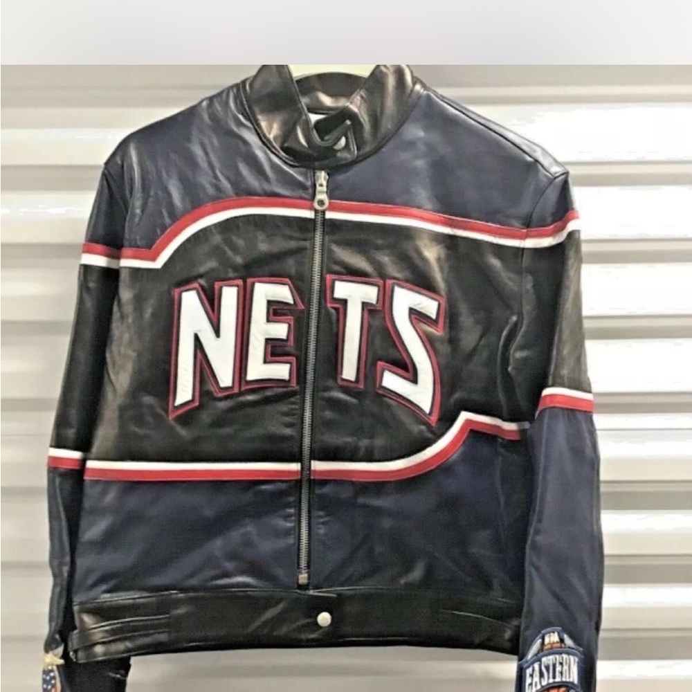 Jeff Hamilton NBA New York Nets Navy and Black Leather Jacket